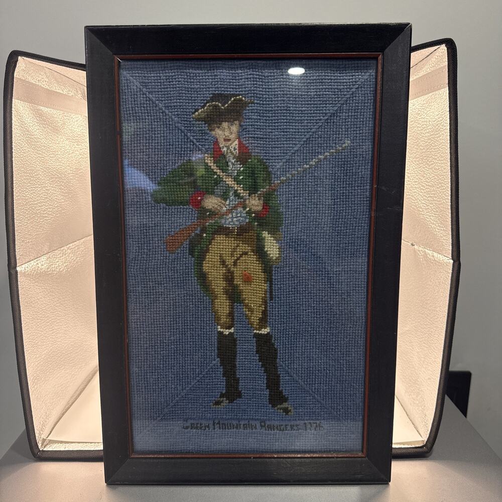 Vintage Colonial Independent Ranger 1766 Framed Needlepoint Military Folk Art *